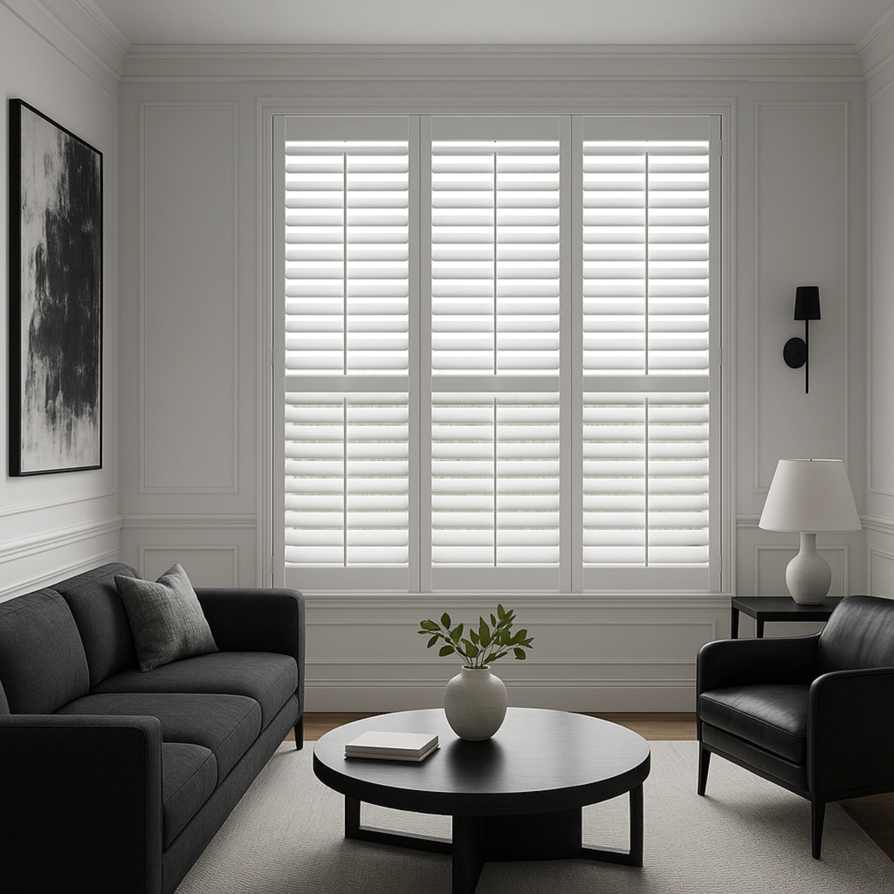 Living room with white shutters